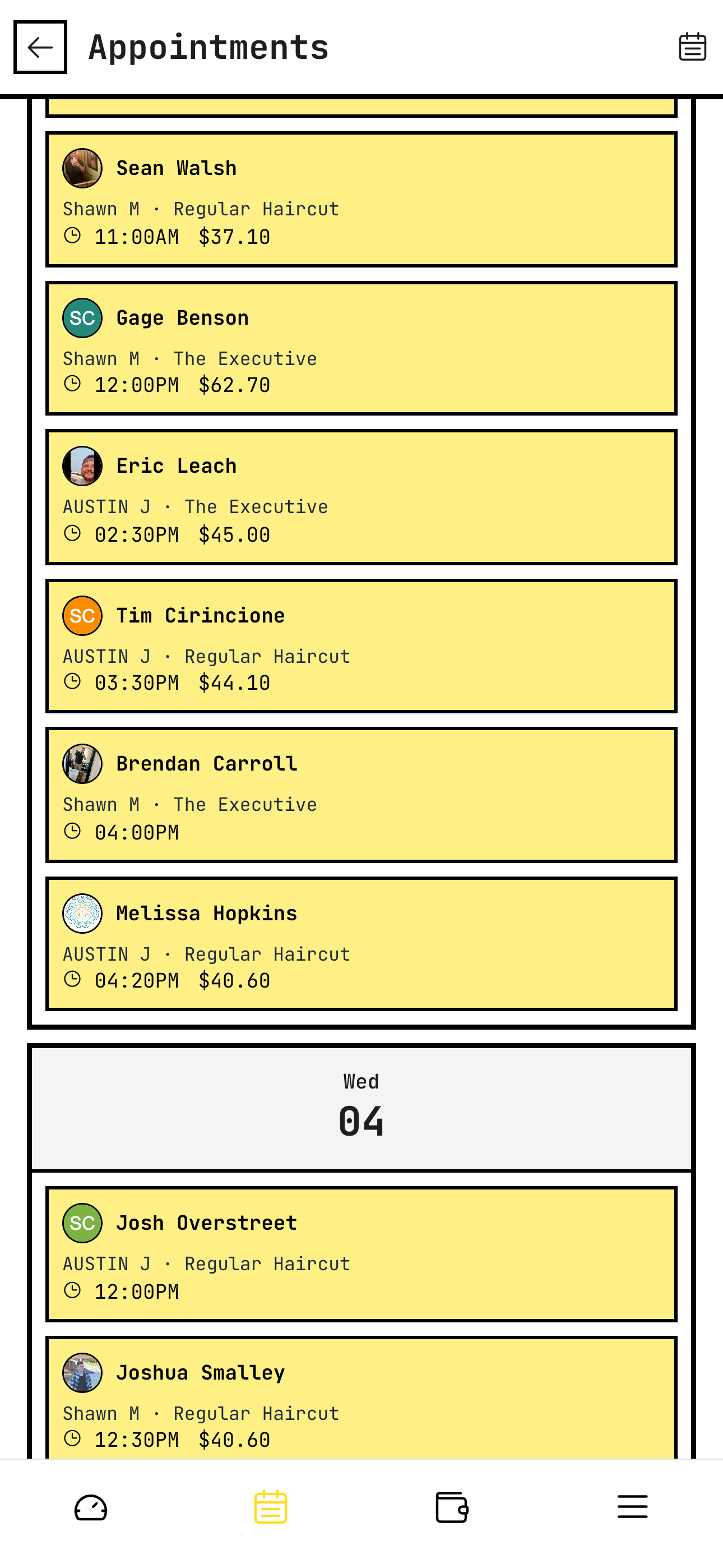 Barber weekly schedule view