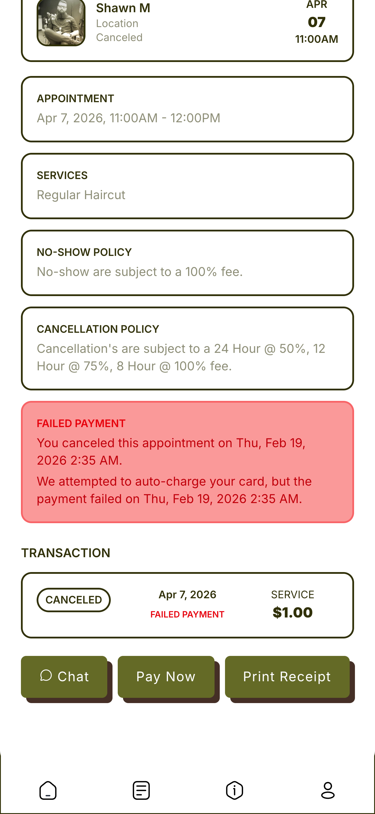 Client prompted to pay failed cancellation fee