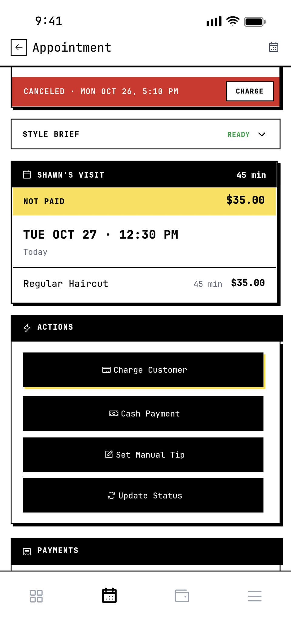 An appointment: client, status, visit, price and actions