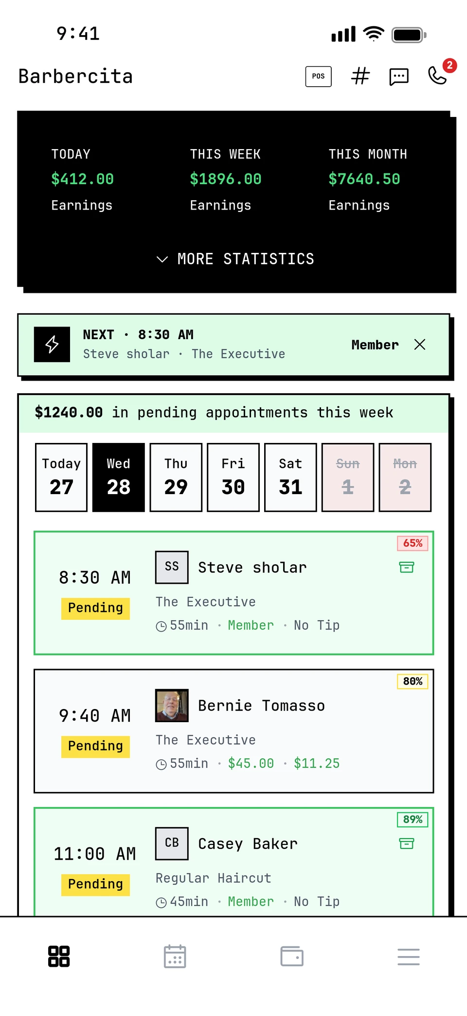 The Barbercita barber dashboard: today, this week and this month earnings, next client and the day's appointments