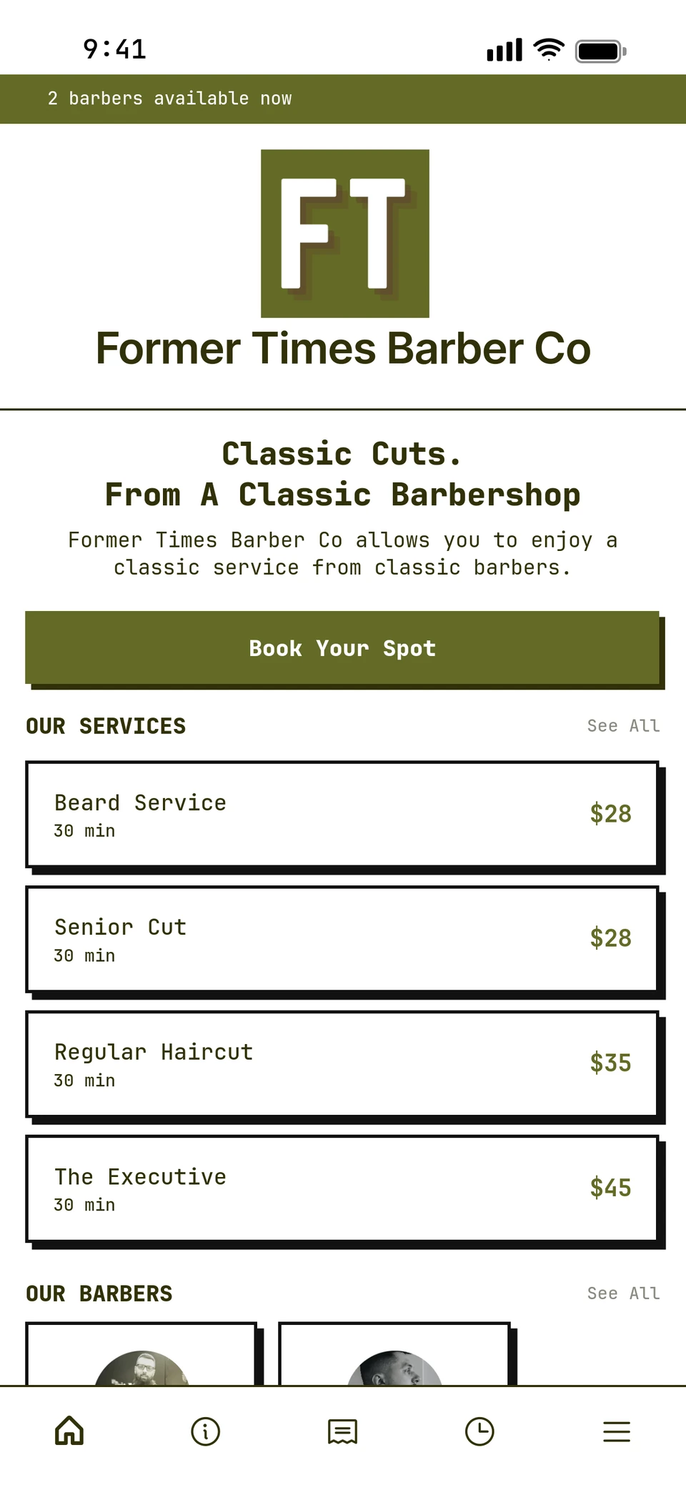 The Former Times Barber Co app: its own logo, colors, services and barbers