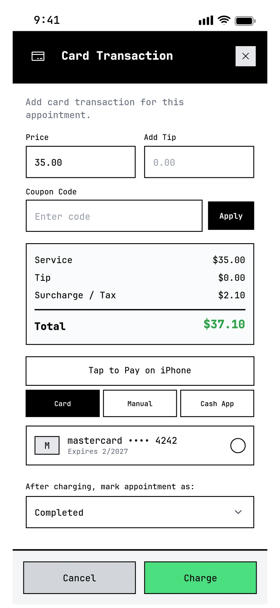 Charging a saved card for an appointment: service, tip, surcharge and total